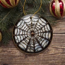 Carregar imagem no visualizador da galeria, Golden Arachnid Haunt Intricate Spider Web Stained Glass Style Ceramic Ornament, Halloween Themed Christmas Gift and Decor