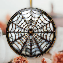 Carregar imagem no visualizador da galeria, Golden Arachnid Haunt Intricate Spider Web Stained Glass Style Ceramic Ornament, Halloween Themed Christmas Gift and Decor