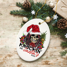Carregar imagem no visualizador da galeria, Knockin on Santa’s Door Gritty Rock Style Christmas Ornament, Rebellious Gunslinger Skull and Roses