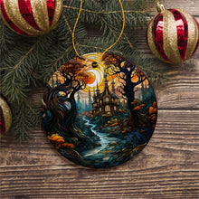 Load image into Gallery viewer, Sinister Manor Haunted House Stained Glass Style Ceramic Ornament, Halloween Themed Christmas Gift and Decor