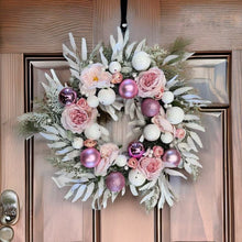 Load image into Gallery viewer, Snow White and Pink Bauble Filled Wreath, Belle Isis Artificial Flowers 22 Inches