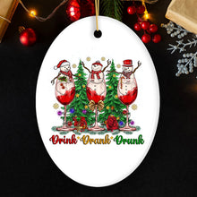 Carregar imagem no visualizador da galeria, Snowmen and Wine Drink Drank Drunk Christmas Ornament, Funny Alcohol Humor with Crimson Velvet