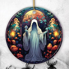 Carregar imagem no visualizador da galeria, Spectral Shivers Hauntingly Scary Ghost Stained Glass Style Ceramic Ornament, Halloween Themed Christmas Gift