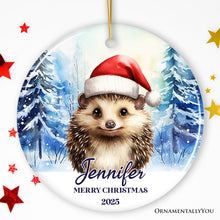 Carregar imagem no visualizador da galeria, Hedgehog with Santa Hat Personalized Ornament, Winter Forest Christmas Gift With Custom Name and Date