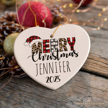 Carregar imagem no visualizador da galeria, Merry Christmas Leopard Buffalo Plaid Personalized Ornament, Holiday Family Gift