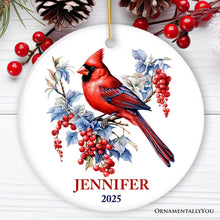 Carregar imagem no visualizador da galeria, Personalized Cardinal Ornament, Winter Wonderland Christmas Gift With Custom Name and Date
