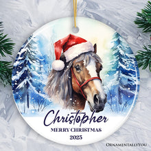 Carregar imagem no visualizador da galeria, Horse with Santa Hat Personalized Ornament, Winter Forest Christmas Gift With Custom Name and Date