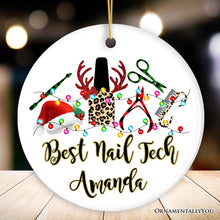 Carregar imagem no visualizador da galeria, Personalized Nail Tech Buffalo Plaid Leopard Merry Christmas Ornament, Pedicure Gift