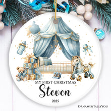 Carregar imagem no visualizador da galeria, Personalized Baby Boy First Christmas Ornament, Treasured Newborn Holiday Debut Gift