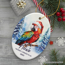 Carregar imagem no visualizador da galeria, Macaw Parrot with Santa Hat Personalized Ornament, Winter Forest Christmas Gift With Custom Name and Date