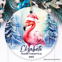 Cargar imagen en el visor de la galería, Flamingo with Santa Hat Personalized Ornament, Winter Forest Christmas Gift With Custom Name and Date