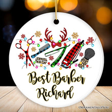 Carregar imagem no visualizador da galeria, Personalized Barber Buffalo Plaid Leopard Merry Christmas Ornament, Barbershop Gift