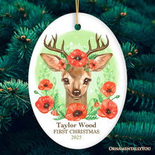 Carregar imagem no visualizador da galeria, Personalized Baby's First Christmas Fawn Deer Watercolor Christmas Ornament