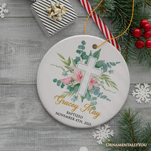 Carregar imagem no visualizador da galeria, Baby Baptism Christening Custom Cross Ornament, Personalized Baptized Child with Flower Keepsake