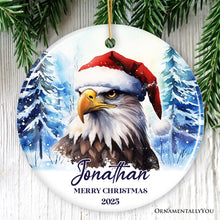 Load image into Gallery viewer, American Bald Eagle with Santa Hat Personalized Ornament, Winter Forest Christmas Gift With Custom Name and Date