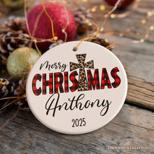 Cargar imagen en el visor de la galería, Christian Christmas Buffalo Plaid Personalized Ornament, Holiday Family Gift