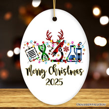 Carregar imagem no visualizador da galeria, Personalized Science Plaid Christmas Ornament, Gift for Scientist or Researcher, Lab Tools like Flasks and Microscope