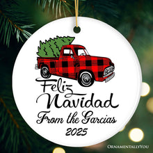 Carregar imagem no visualizador da galeria, Personalized Feliz Navidad Plaid Red Truck Family Christmas Ornament