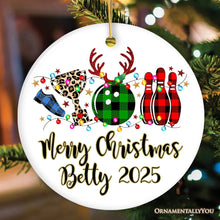 Carregar imagem no visualizador da galeria, Personalized Bowling Buffalo Plaid Leopard Christmas Ornament, Ball Pins and Trophy