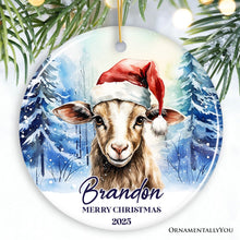 Carregar imagem no visualizador da galeria, Goat with Santa Hat Personalized Ornament, Winter Forest Christmas Gift With Custom Name and Date