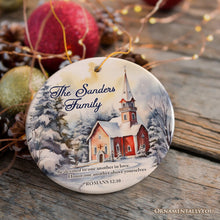 Carregar imagem no visualizador da galeria, Winter Church Watercolor Art Personalized Ornament, Christmas Gift for Christian Family