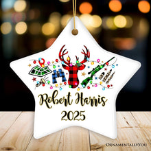 Carregar imagem no visualizador da galeria, Personalized Buffalo Plaid Hunting Theme Christmas Ornament, Hunter Gift, Red and Green Deer and Gun