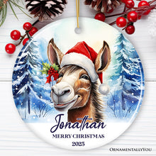 Load image into Gallery viewer, Donkey with Santa Hat Personalized Ornament, Winter Forest Christmas Gift With Custom Name and Date