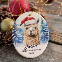 Carregar imagem no visualizador da galeria, Llama with Santa Hat Personalized Ornament, Winter Forest Christmas Gift With Custom Name and Date