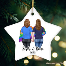 Load image into Gallery viewer, Gay Pride Women Couple with Rainbow Flag Personalized Christmas Ornament, LGBT and Lesbian Activism