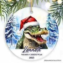 Load image into Gallery viewer, Alligator with Santa Hat Personalized Ornament, Winter Forest Christmas Gift With Custom Name and Date