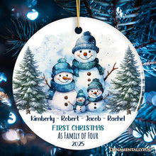 Carregar imagem no visualizador da galeria, First Christmas Family of Four Personalized Ornament, Cute Artistic Snowmen Christmas Gift With Custom Names and Date