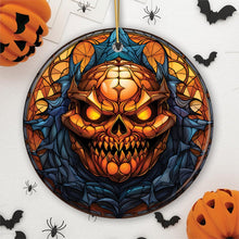 Carregar imagem no visualizador da galeria, Pumpkin Skull with Glowing Red Eyes Stained Glass Style Ceramic Ornament, Halloween Themed Christmas Gift and Decor