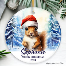 Carregar imagem no visualizador da galeria, Squirrel with Santa Hat Personalized Ornament, Winter Forest Christmas Gift With Custom Name and Date