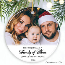 Carregar imagem no visualizador da galeria, First Christmas Family of Three Personalized Photo Ornament, New Baby Portrait Gift