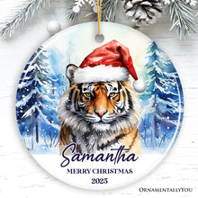 Carregar imagem no visualizador da galeria, Tiger with Santa Hat Personalized Ornament, Winter Forest Christmas Gift With Custom Name and Date
