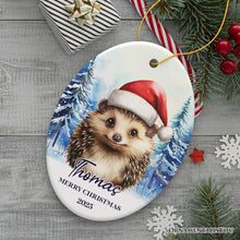 Carregar imagem no visualizador da galeria, Hedgehog with Santa Hat Personalized Ornament, Winter Forest Christmas Gift With Custom Name and Date