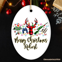 Carregar imagem no visualizador da galeria, Personalized Buffalo Plaid Hunting Theme Christmas Ornament, Hunter Gift, Red and Green Deer and Gun