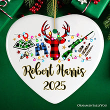 Carregar imagem no visualizador da galeria, Personalized Buffalo Plaid Hunting Theme Christmas Ornament, Hunter Gift, Red and Green Deer and Gun