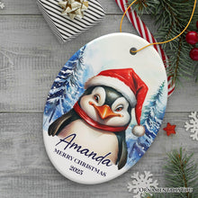 Carregar imagem no visualizador da galeria, Penguin with Santa Hat Personalized Ornament, Winter Forest Christmas Gift With Custom Name and Date