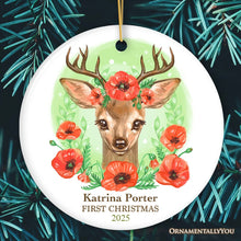 Carregar imagem no visualizador da galeria, Personalized Baby's First Christmas Fawn Deer Watercolor Christmas Ornament