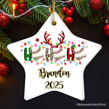 Carregar imagem no visualizador da galeria, Personalized Baseball Buffalo Plaid and Leopard Christmas Ornament, Ho Ho Ho Football Gift