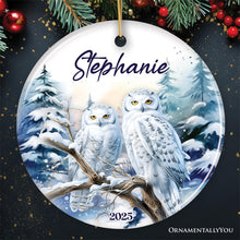 Carregar imagem no visualizador da galeria, Snowy Owl Personalized Ornament, Grand Arctic Majesty Christmas Gift With Custom Name and Date