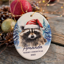 Carregar imagem no visualizador da galeria, Raccoon with Santa Hat Personalized Ornament, Winter Forest Christmas Gift With Custom Name and Date
