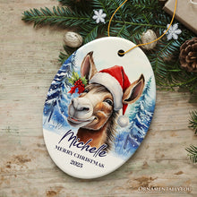Load image into Gallery viewer, Donkey with Santa Hat Personalized Ornament, Winter Forest Christmas Gift With Custom Name and Date