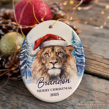 Carregar imagem no visualizador da galeria, Lion with Santa Hat Personalized Ornament, Winter Forest Christmas Gift With Custom Name and Date
