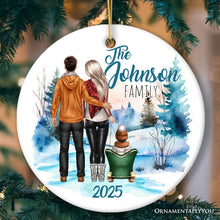Carregar imagem no visualizador da galeria, Family of Three Winter Holiday Personalized Gift, Parents & Baby on Sleigh Custom Christmas Ornament