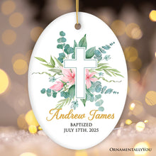 Carregar imagem no visualizador da galeria, Baby Baptism Christening Custom Cross Ornament, Personalized Baptized Child with Flower Keepsake