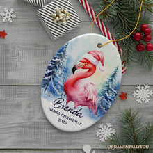 Cargar imagen en el visor de la galería, Flamingo with Santa Hat Personalized Ornament, Winter Forest Christmas Gift With Custom Name and Date