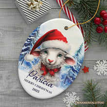 Load image into Gallery viewer, Sheep with Santa Hat Personalized Ornament, Winter Forest Christmas Gift With Custom Name and Date