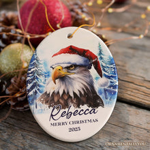 Load image into Gallery viewer, American Bald Eagle with Santa Hat Personalized Ornament, Winter Forest Christmas Gift With Custom Name and Date